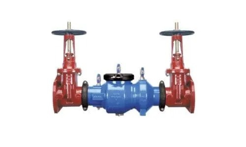 A backflow preventer with two gate valves is displayed.