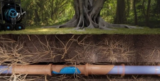 The picture is showing a tree, roots, and pipe