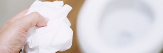 Hand holding crumpled toilet paper with a toilet in the background.