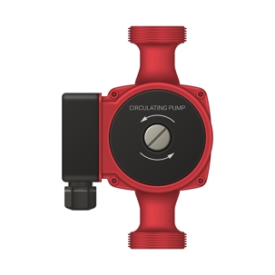 The image shows a red circulating pump with a black motor housing and a central screw.