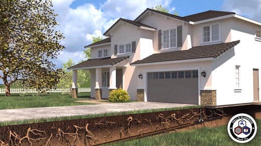 3d render of a house and the pipes under