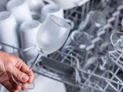 A hand removes a cloudy wine glass from a dishwasher full of dishes. 